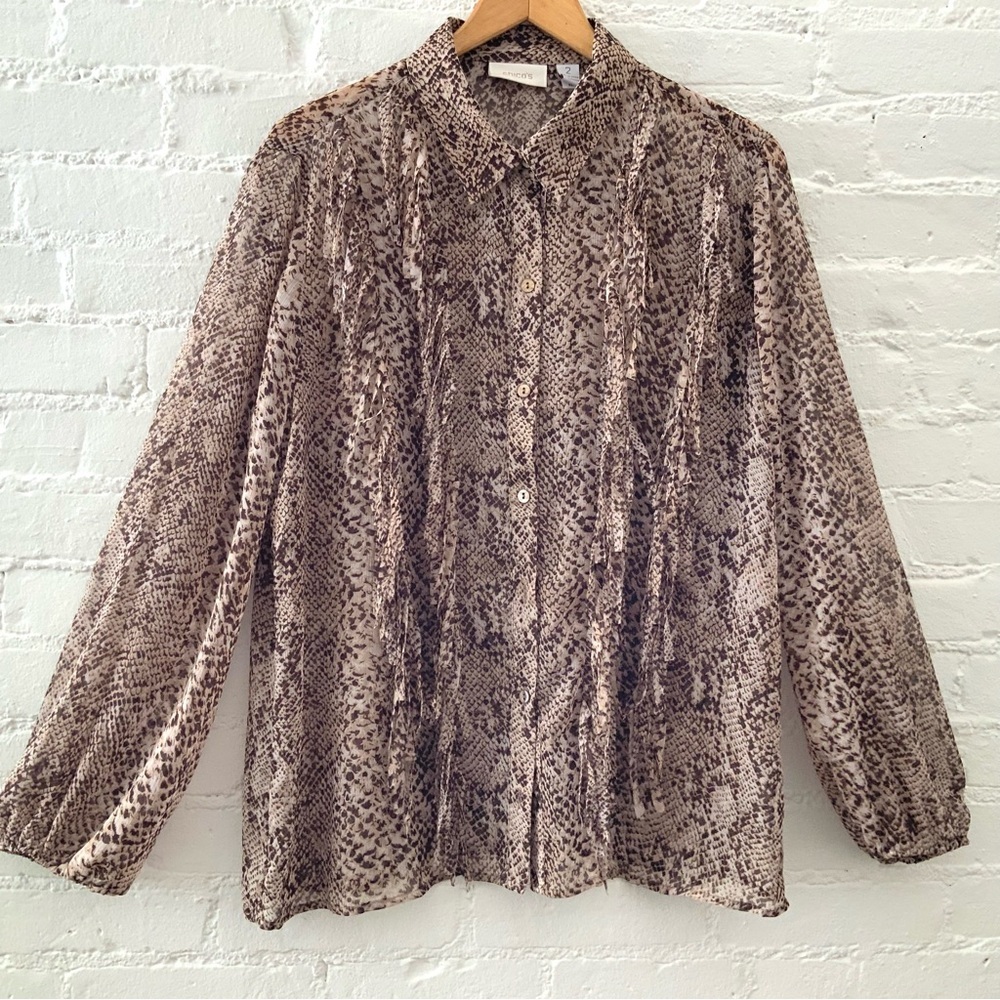 Vintage Chicos Semi Sheer Button Up Fringe Blouse Brown Snakeskin Print Size L